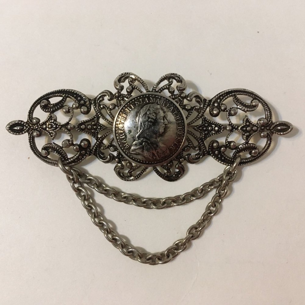 Maria Theresia Pin Brooch Vintage Medallion Marcasite Ornate Filigree Chain